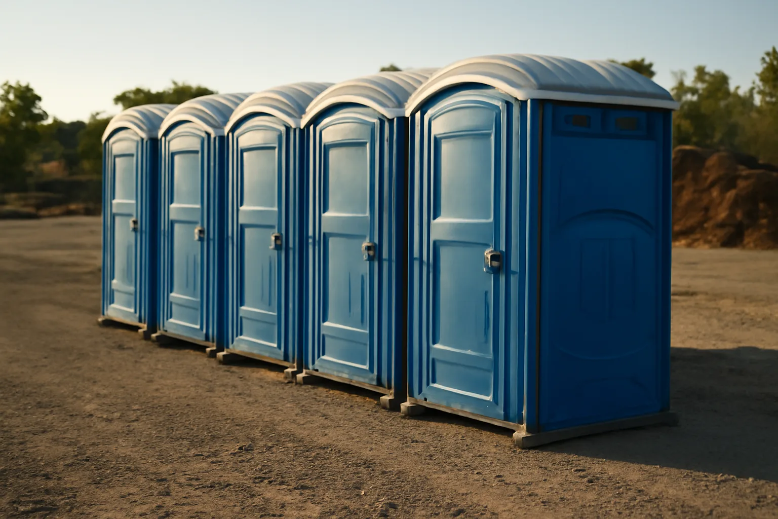 Blue portable toilets on a construction site in Arkansas