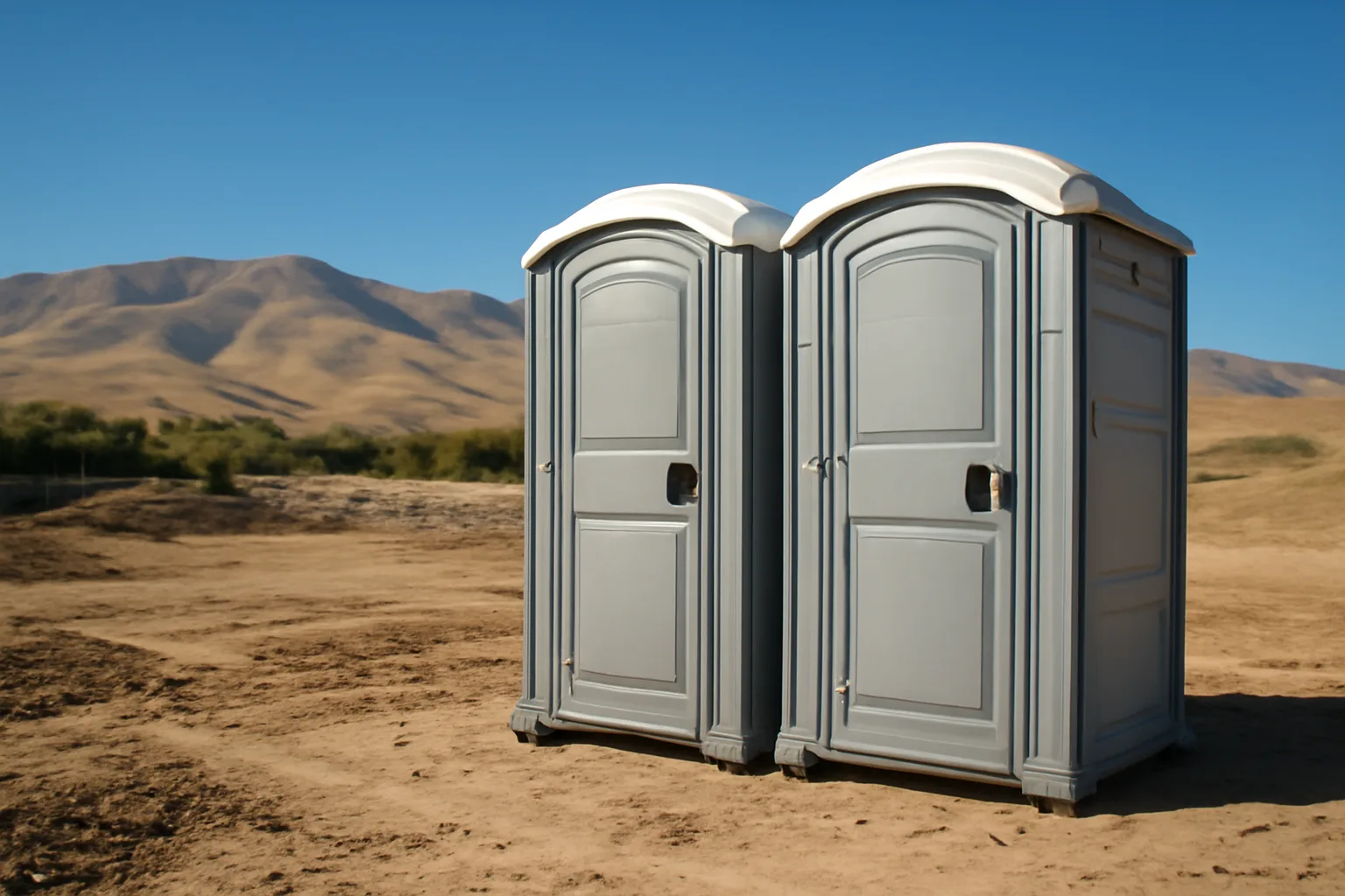 Portable restrooms at an Idaho construction site with mountain backdrop