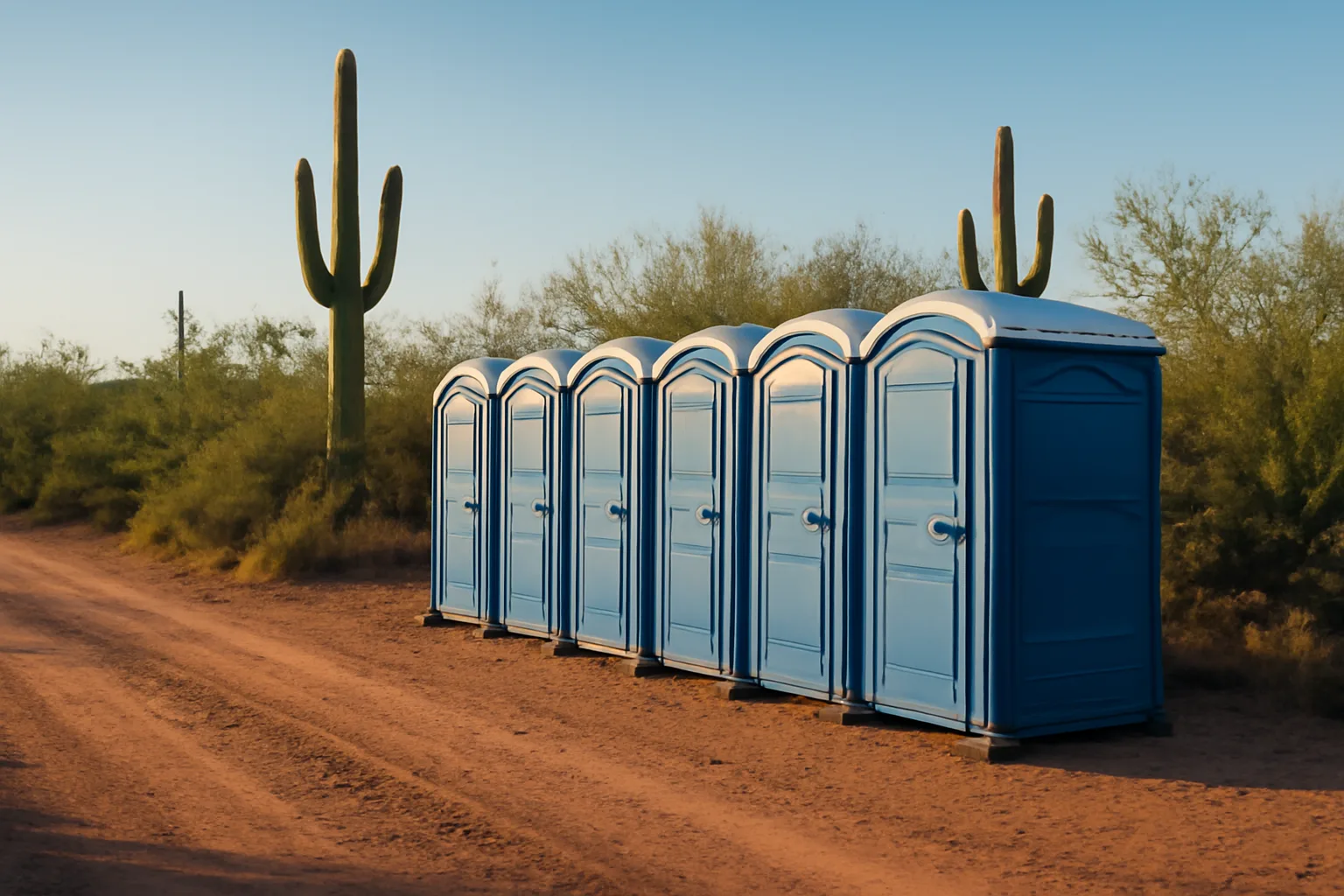 Row of blue porta potties along a desert construction road in Arizona.