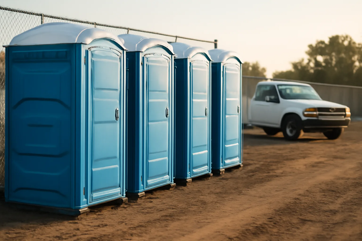 Row of blue portable toilets at a California construction site