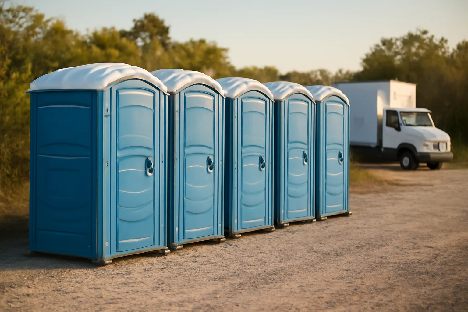 Blue portable toilets on a Florida construction site with palmetto scrub