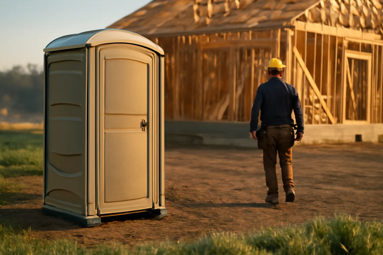 Porta potty rental unit beside a house build at dawn