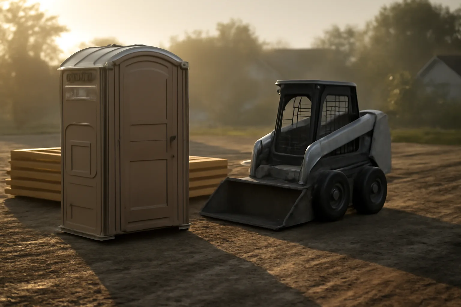 Beige porta potty on a dirt construction lot at sunrise