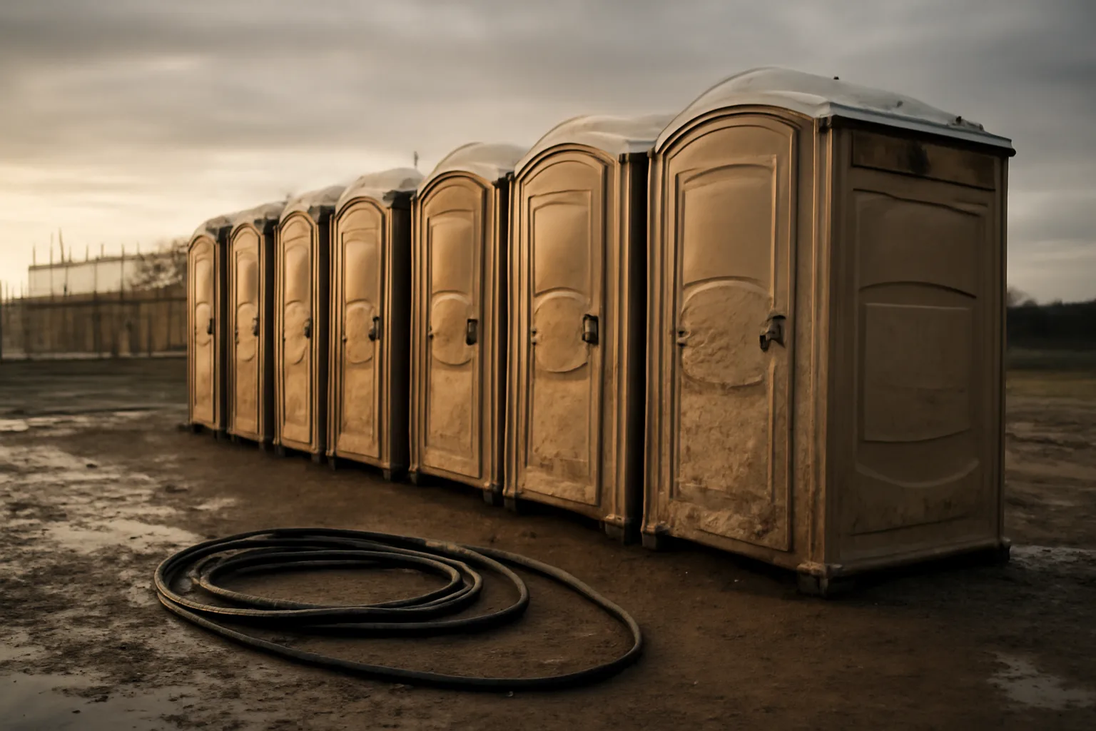 Beige porta potty rental units on wet gravel at a dawn job site