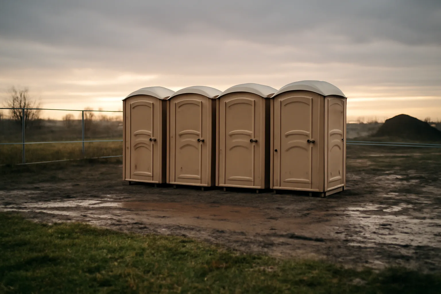 Unbranded portable toilets on wet grass at a quiet job site