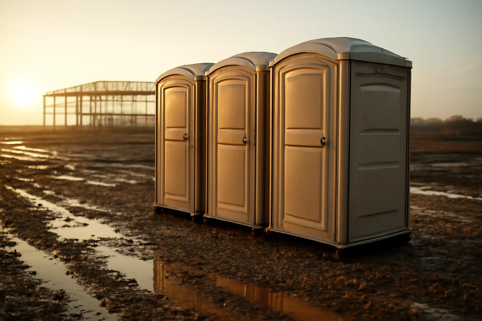 Beige portable toilets on wet gravel at a dawn construction site