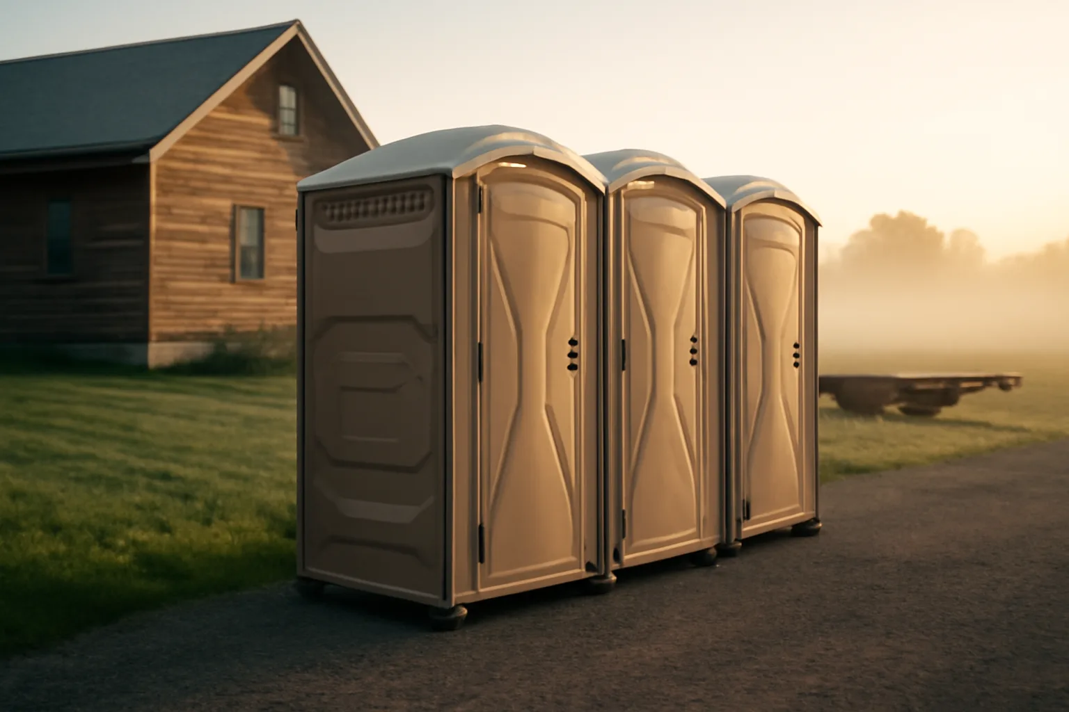 Porta potty rental units on gravel beside a house at sunrise