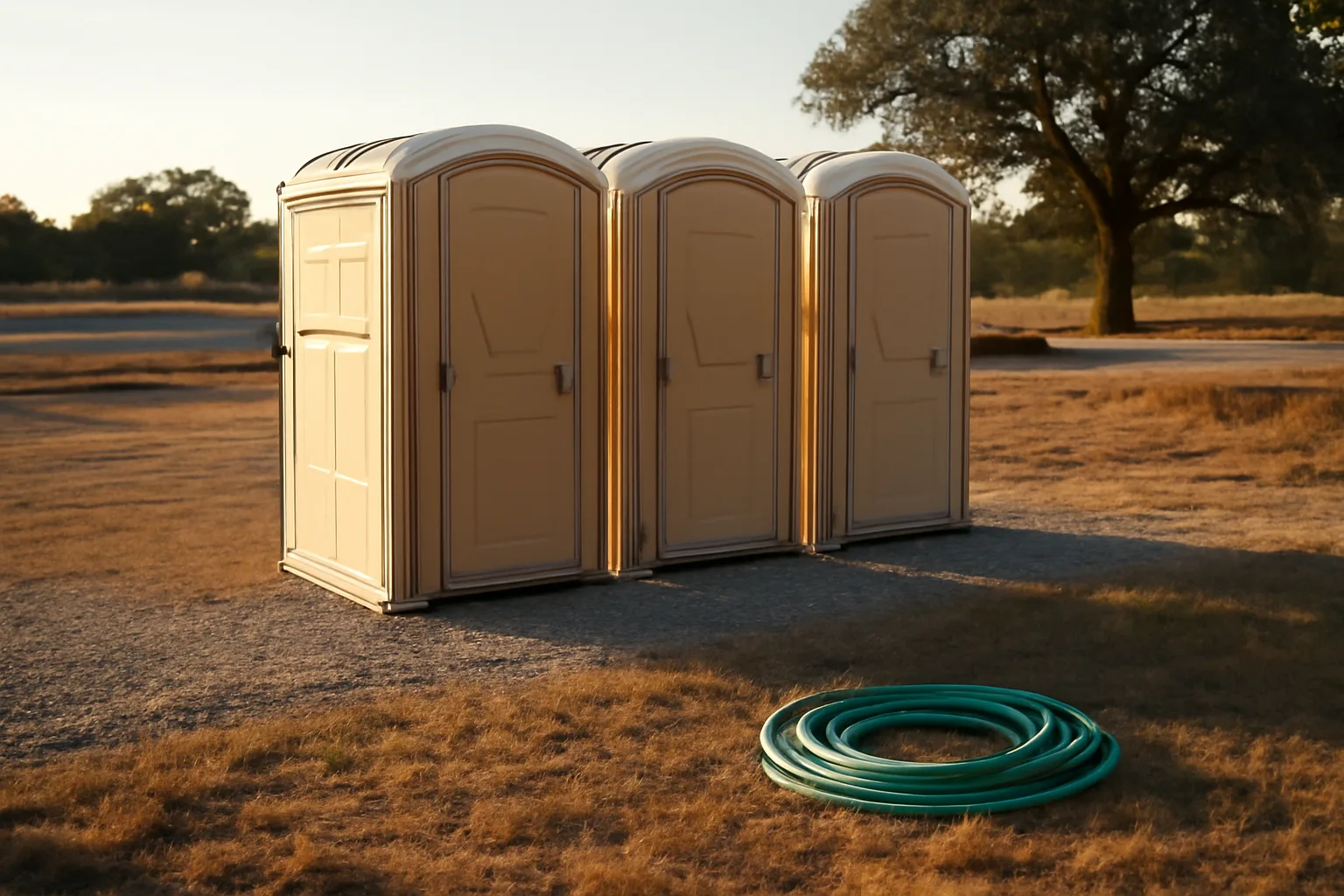 Beige portable toilets on a dry construction lot at afternoon