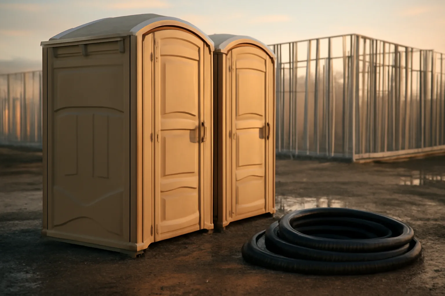 Porta potty rental units on a wet construction site at dawn