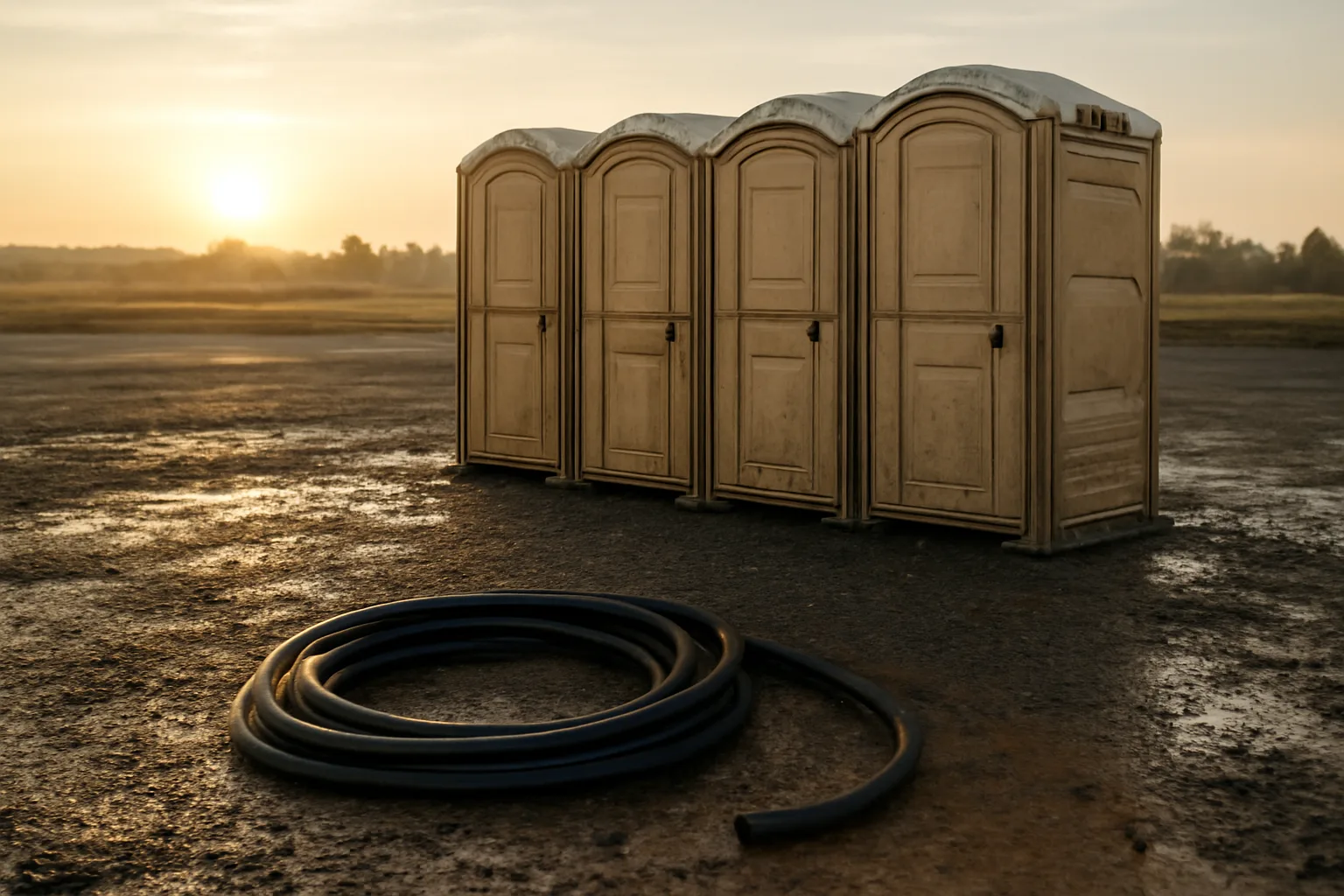 Beige portable toilets on a wet construction lot at dawn