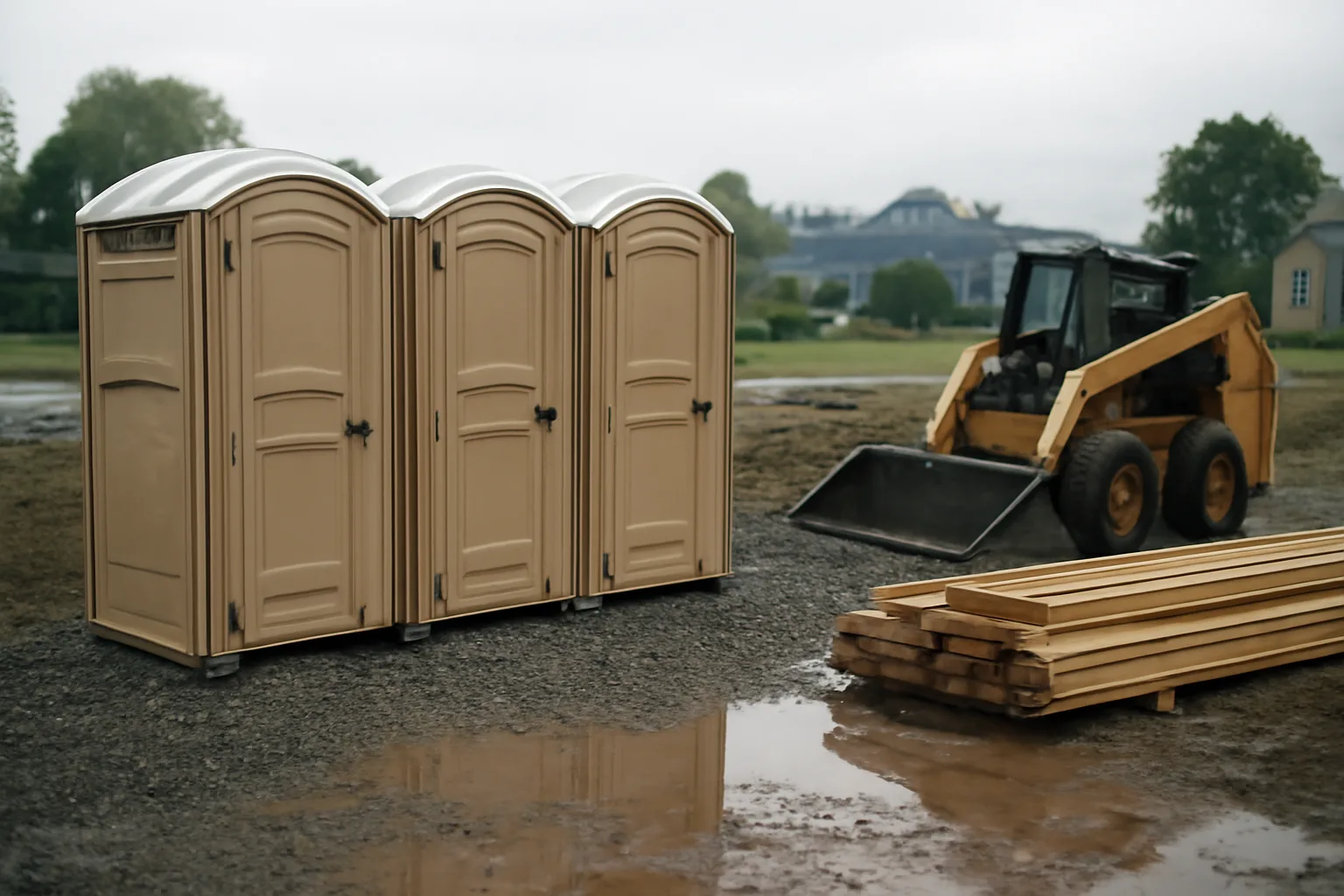 Three porta potty rental units on stone at a wet jobsite