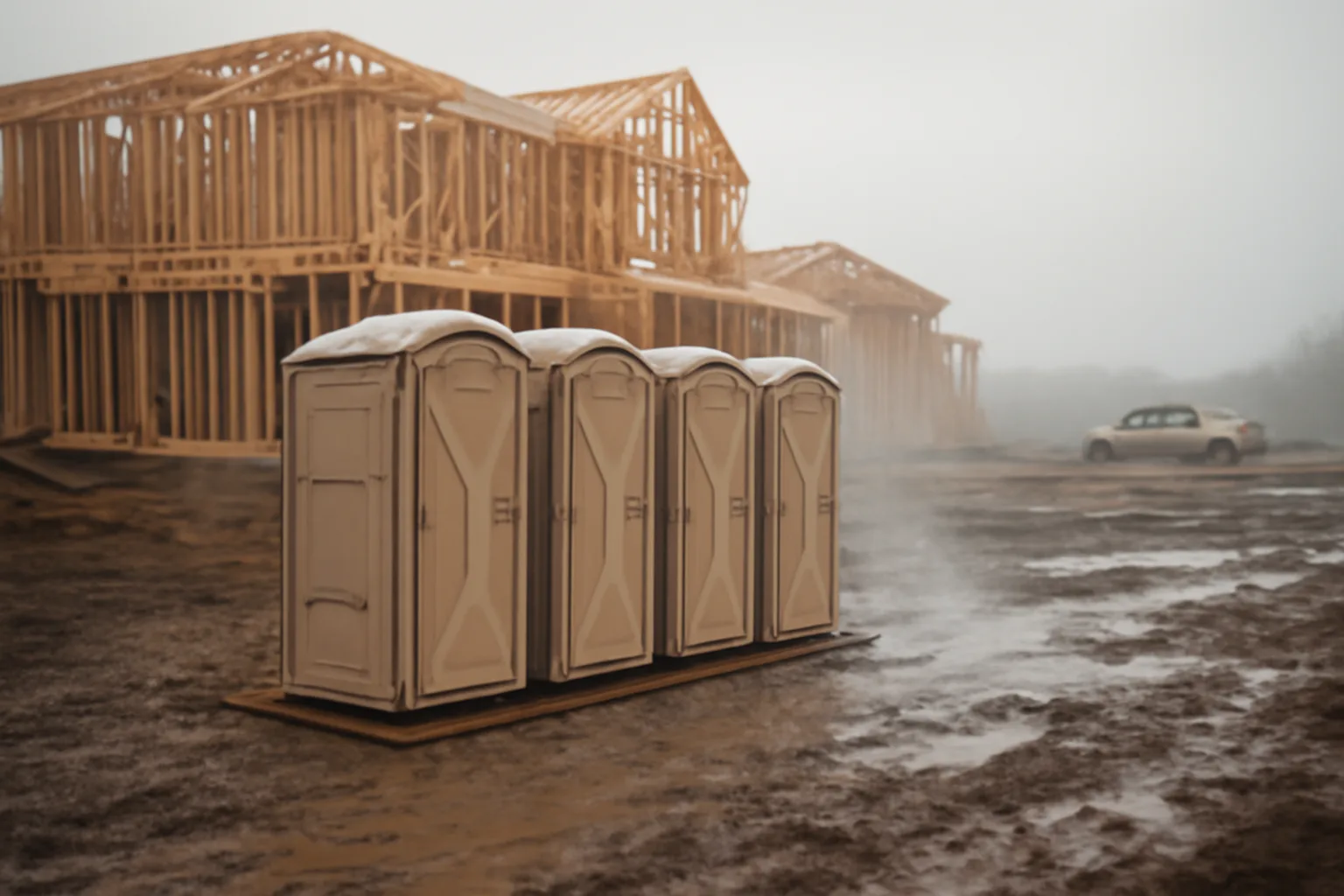 Beige porta potty rental units beside a wood-frame house