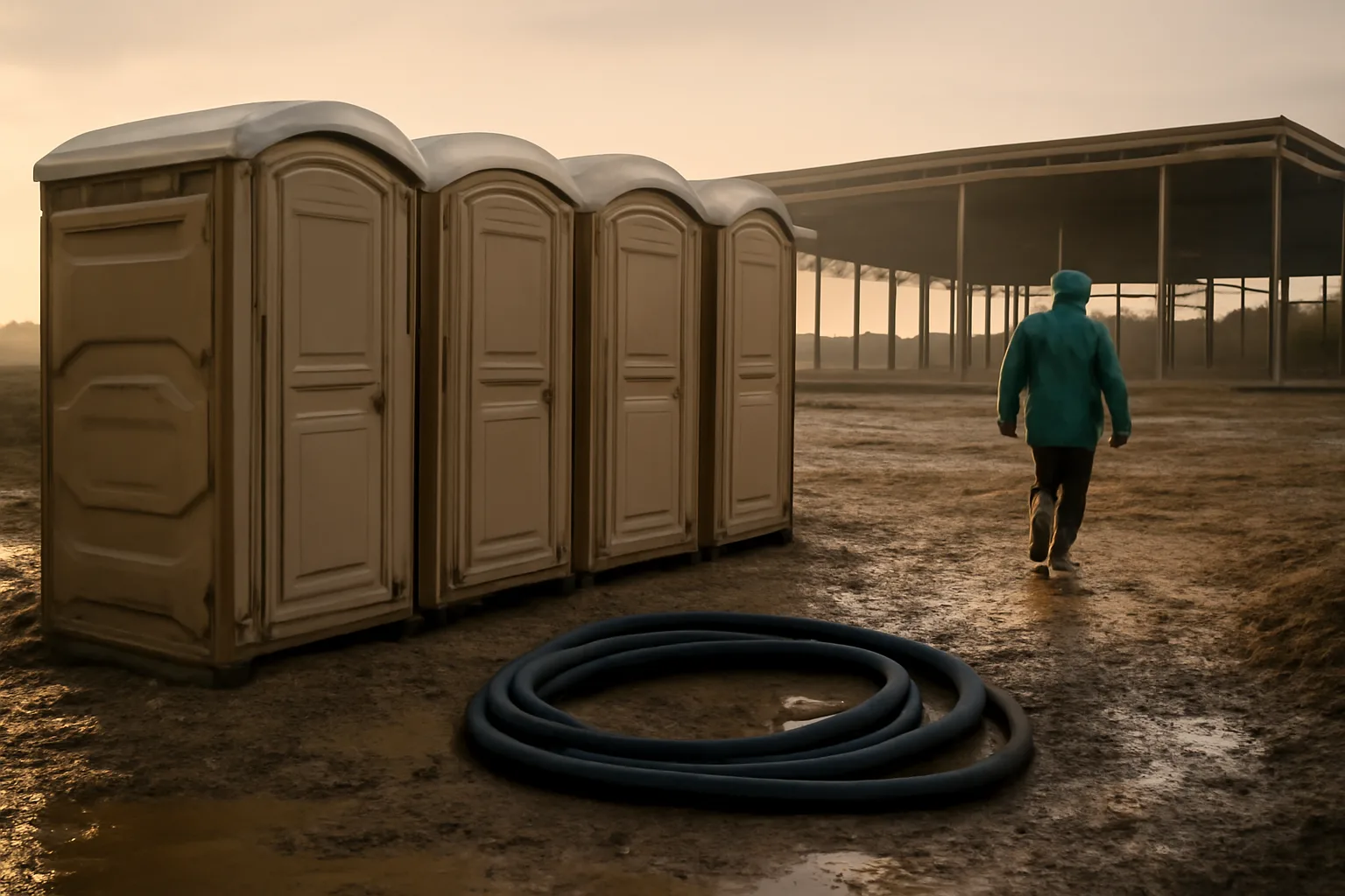 Porta potty rental units lined up on a muddy job site
