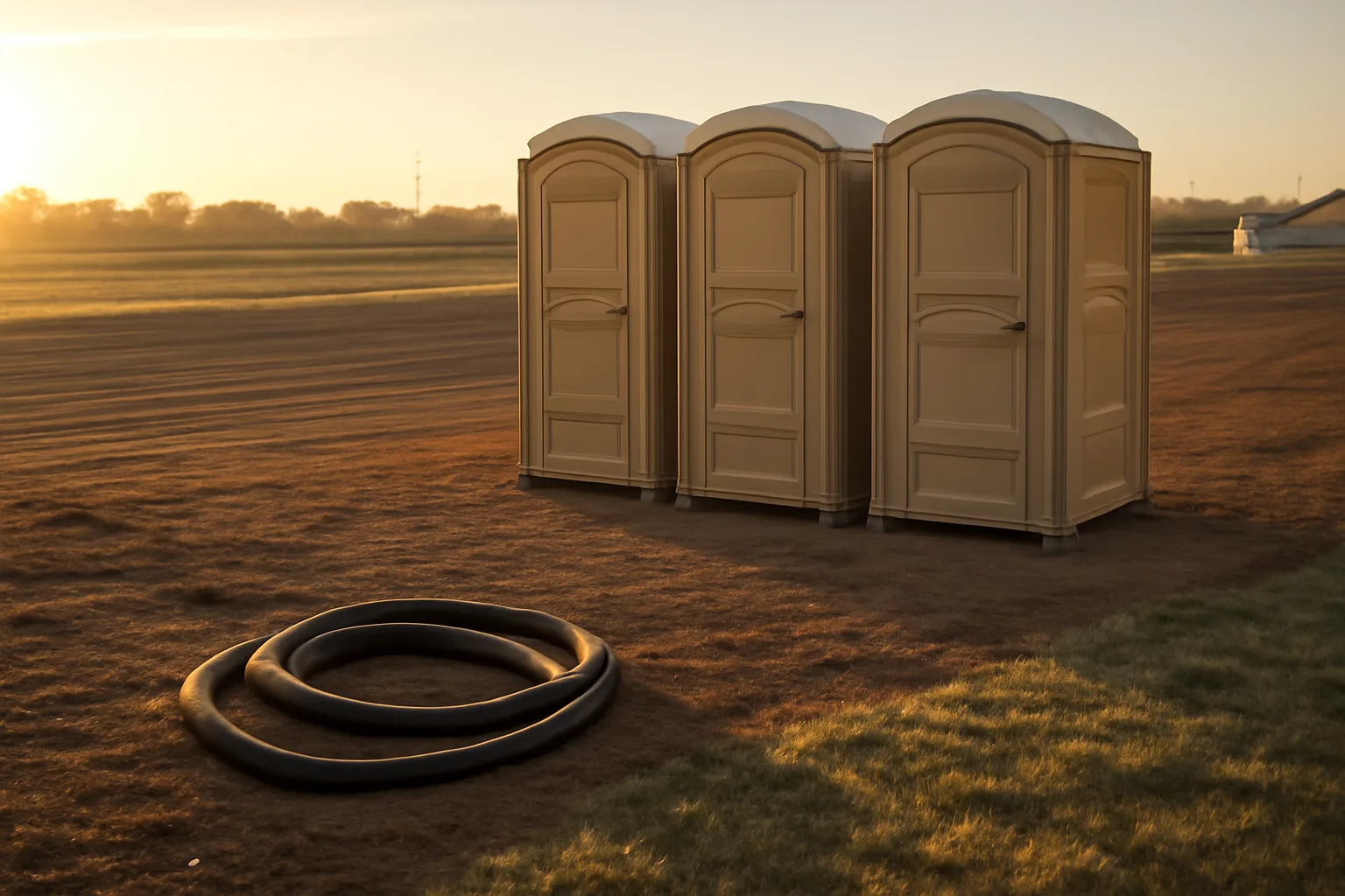 Beige porta potty rental units on a dirt lot at sunrise