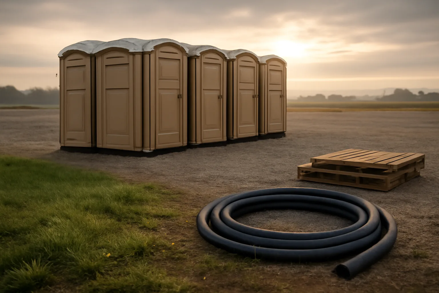 Unmarked portable toilets on a gravel jobsite at dawn