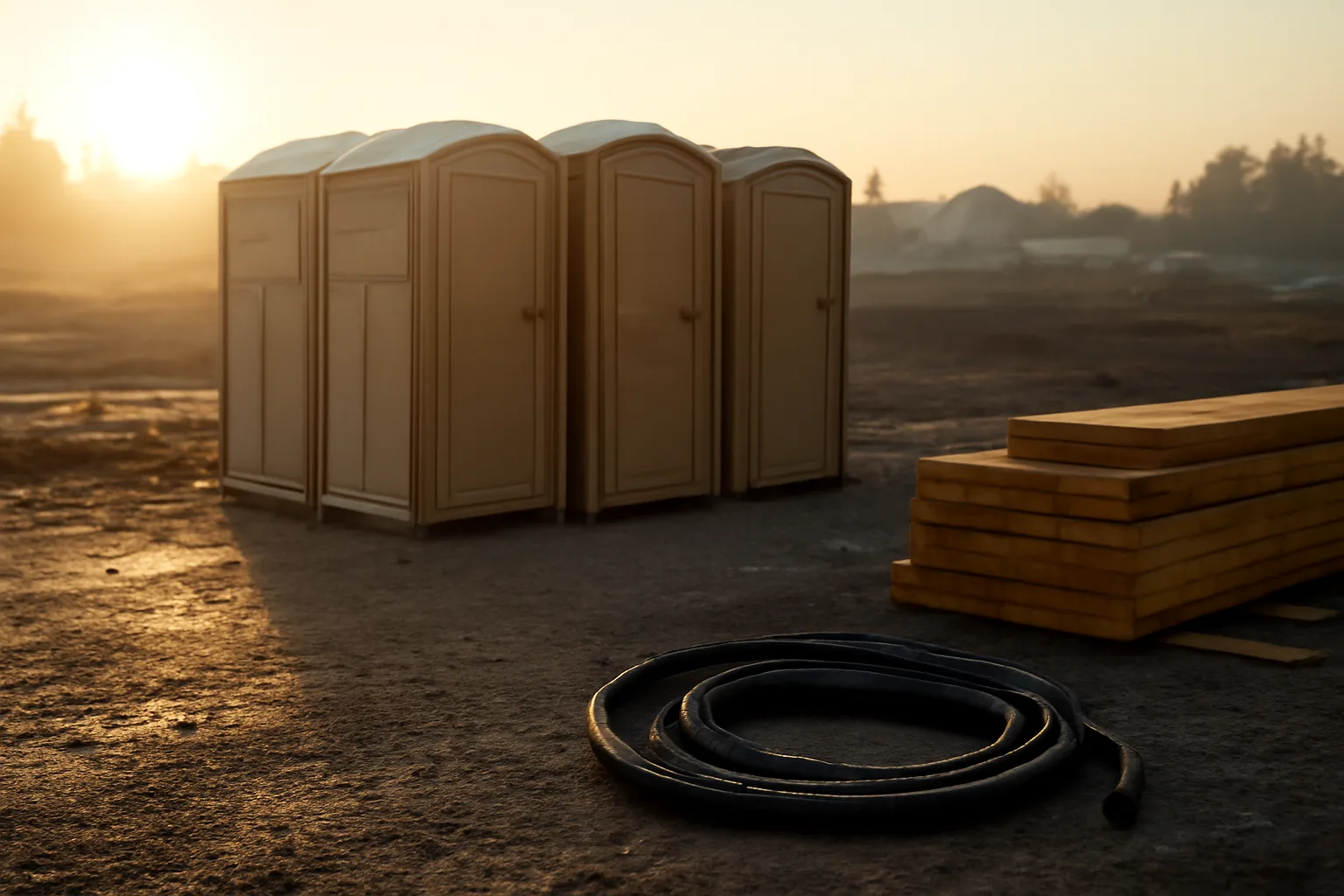 Beige porta potty rental units on wet gravel at dawn
