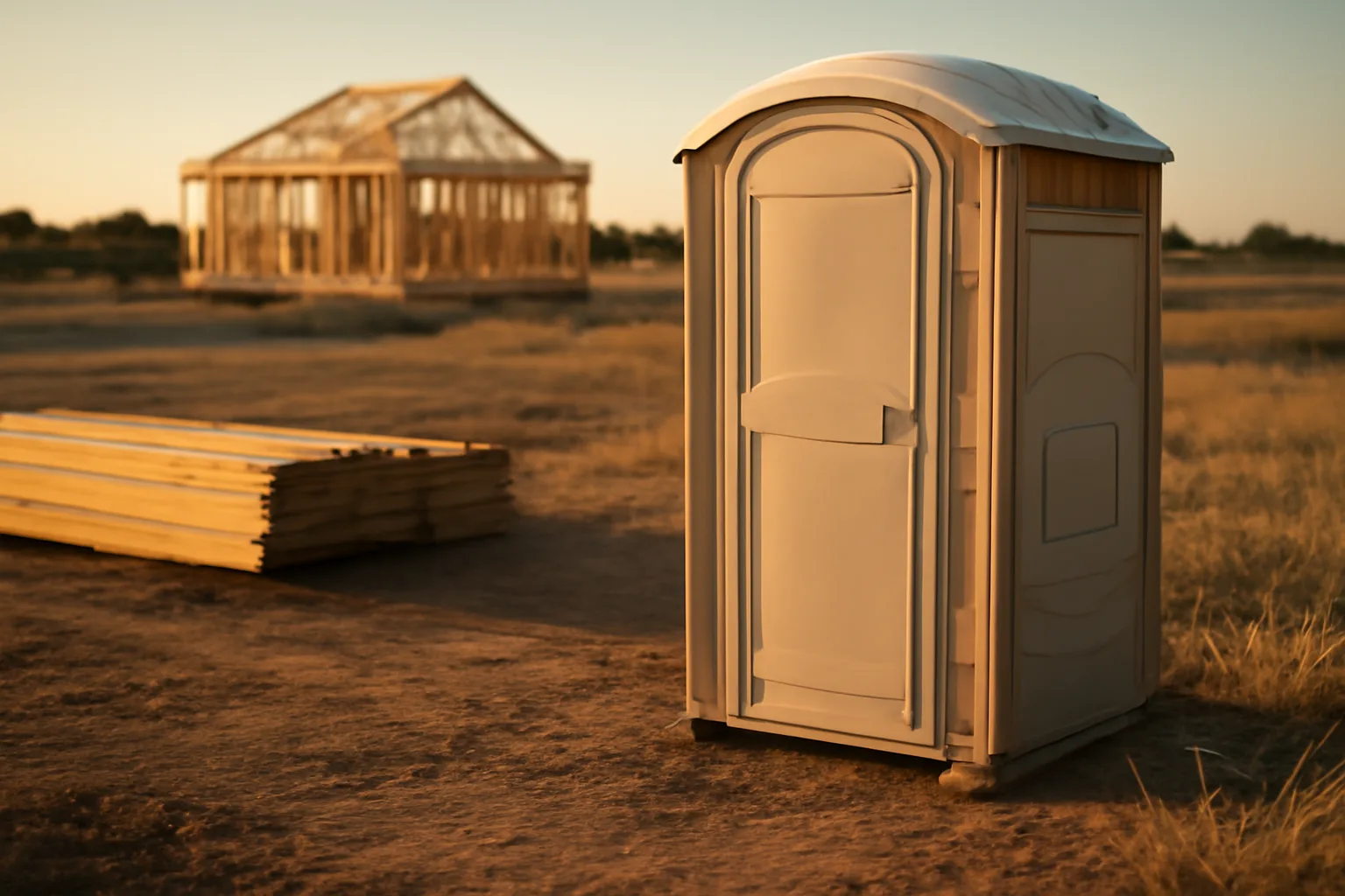 Beige portable toilet on a dirt jobsite in late afternoon