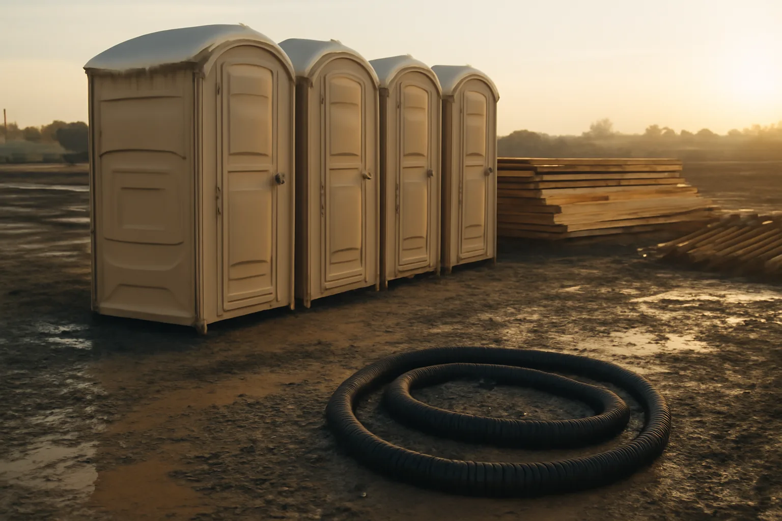 Porta potty rental units lined on a gravel jobsite at dawn