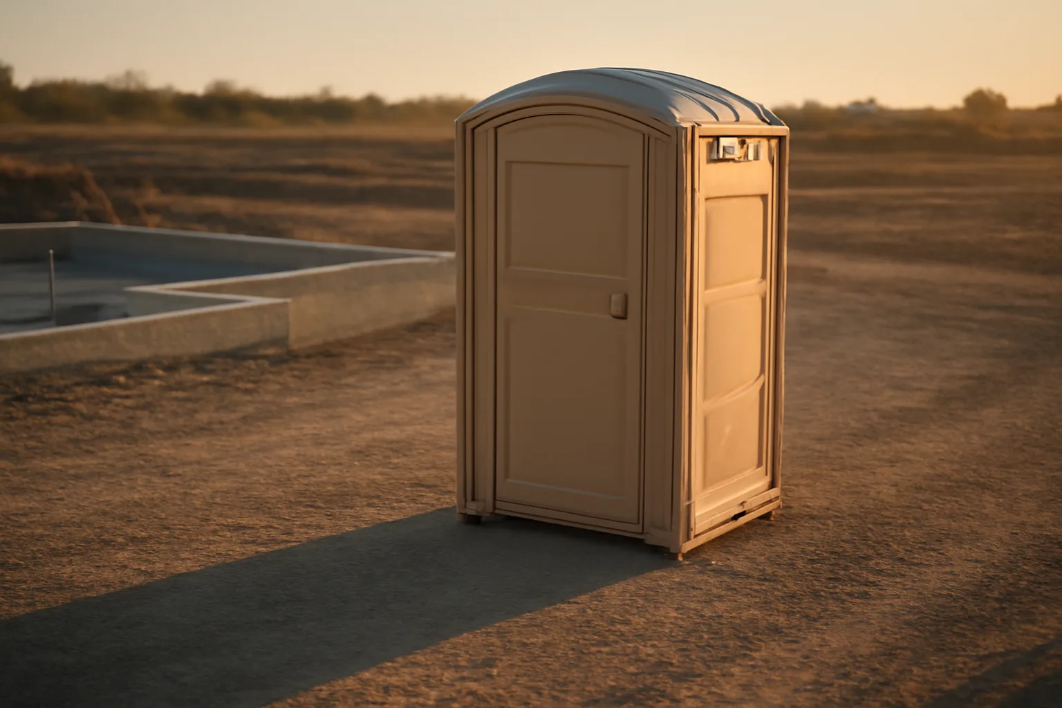 Beige porta potty rental unit on packed dirt at sunrise