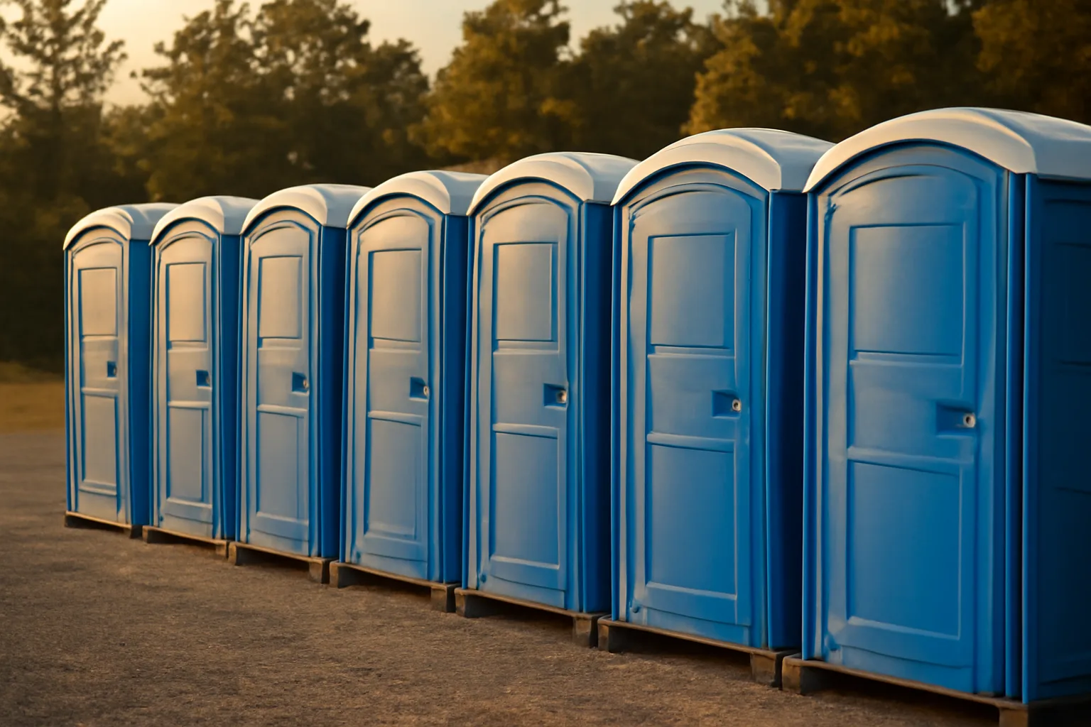 Row of portable toilets on gravel lot with pine treeline in Alabama