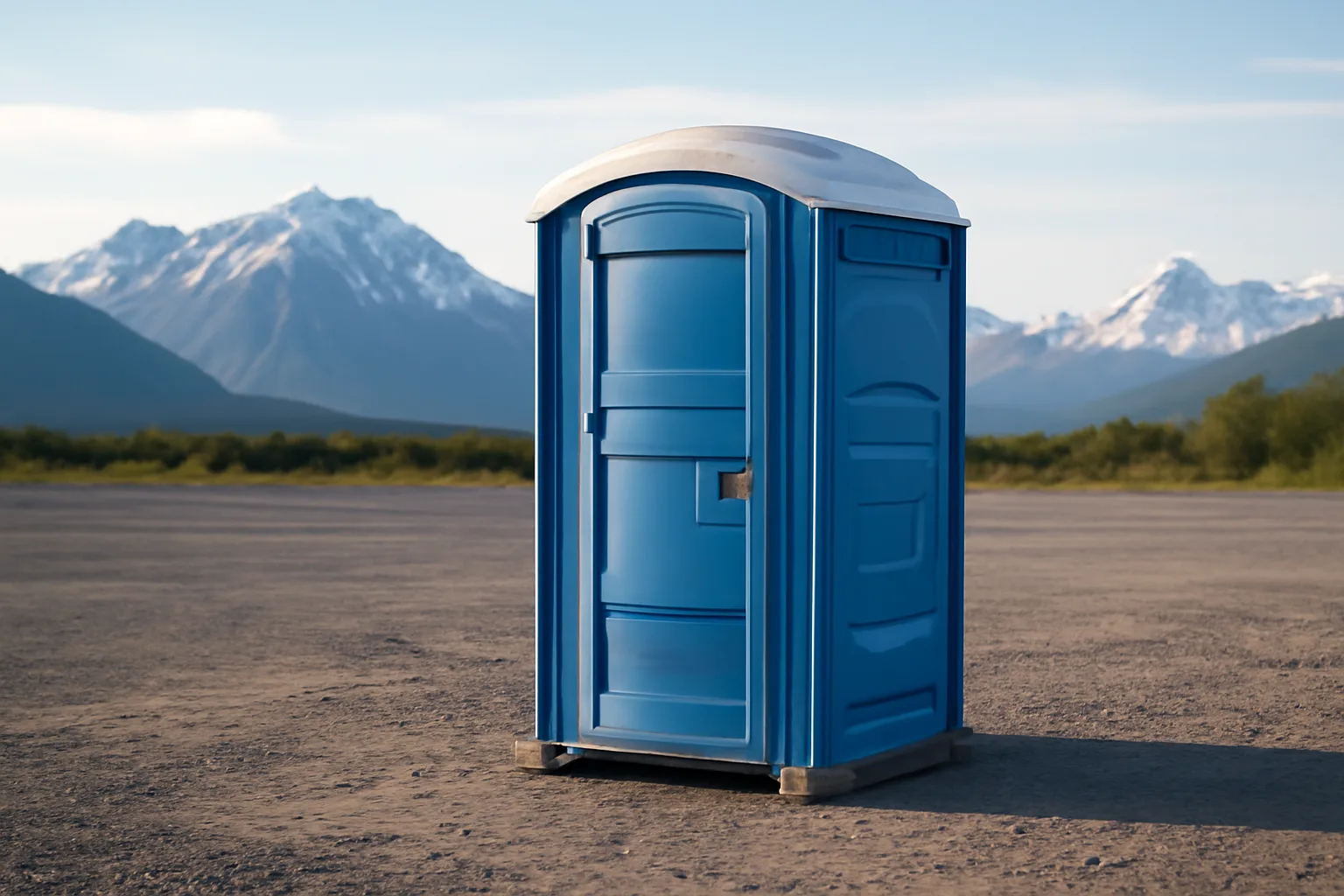 A portable toilet in an Alaskan gravel yard with mountains in the background