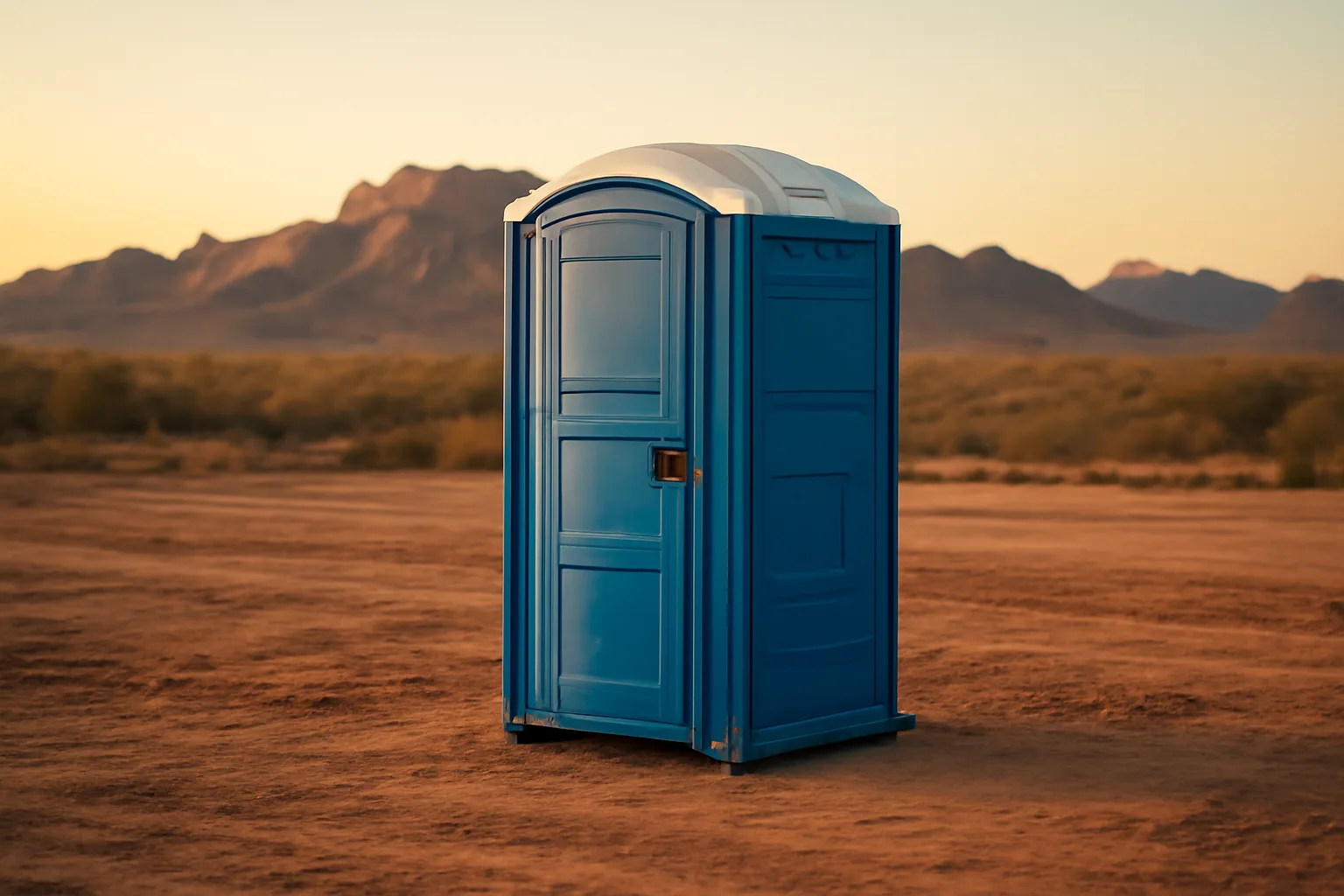 Single blue porta potty on an Arizona construction site at sunset