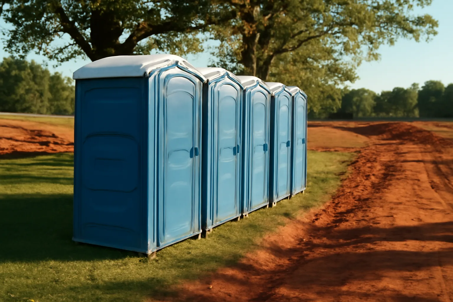 Row of blue portable restrooms at an Arkansas construction site in late afternoon
