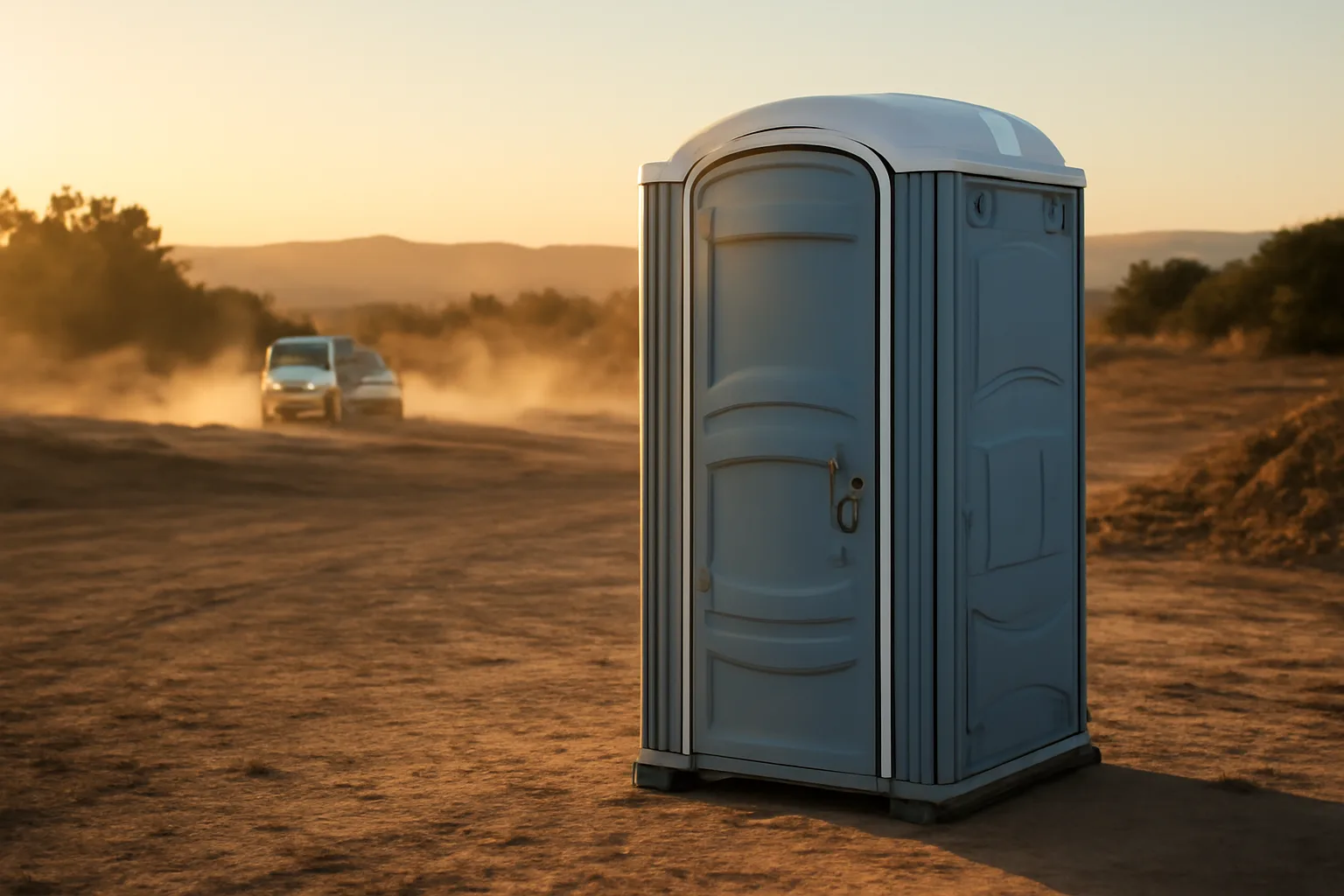 Clean porta potty unit on a Southern California job site with service truck in background