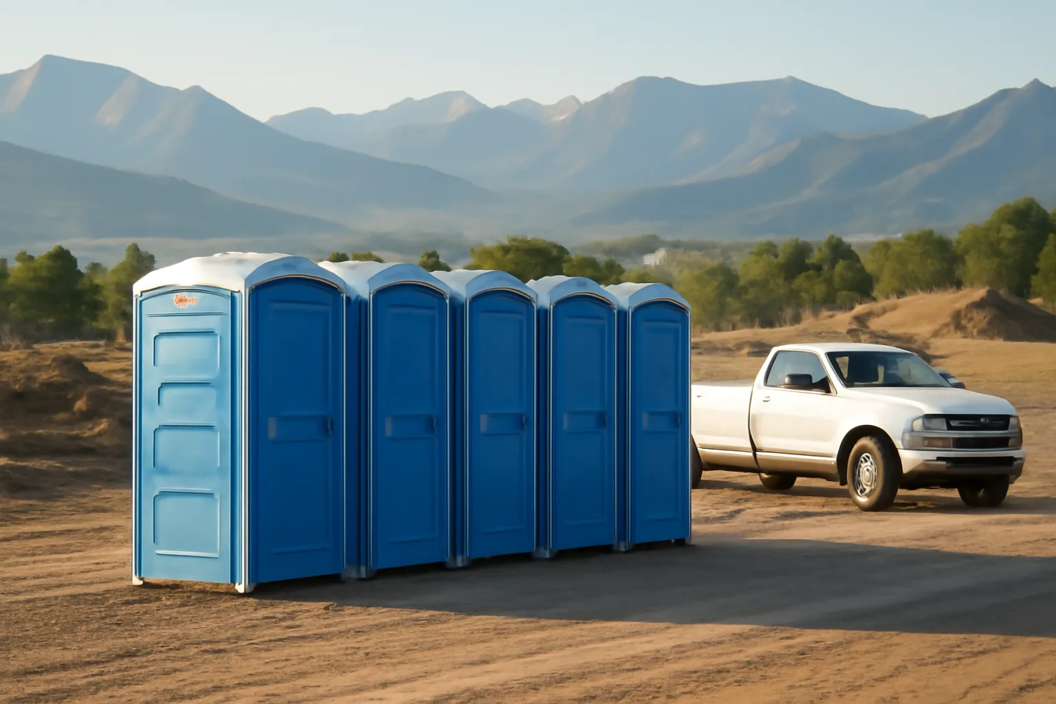 Row of blue portable toilets at a Colorado construction site
