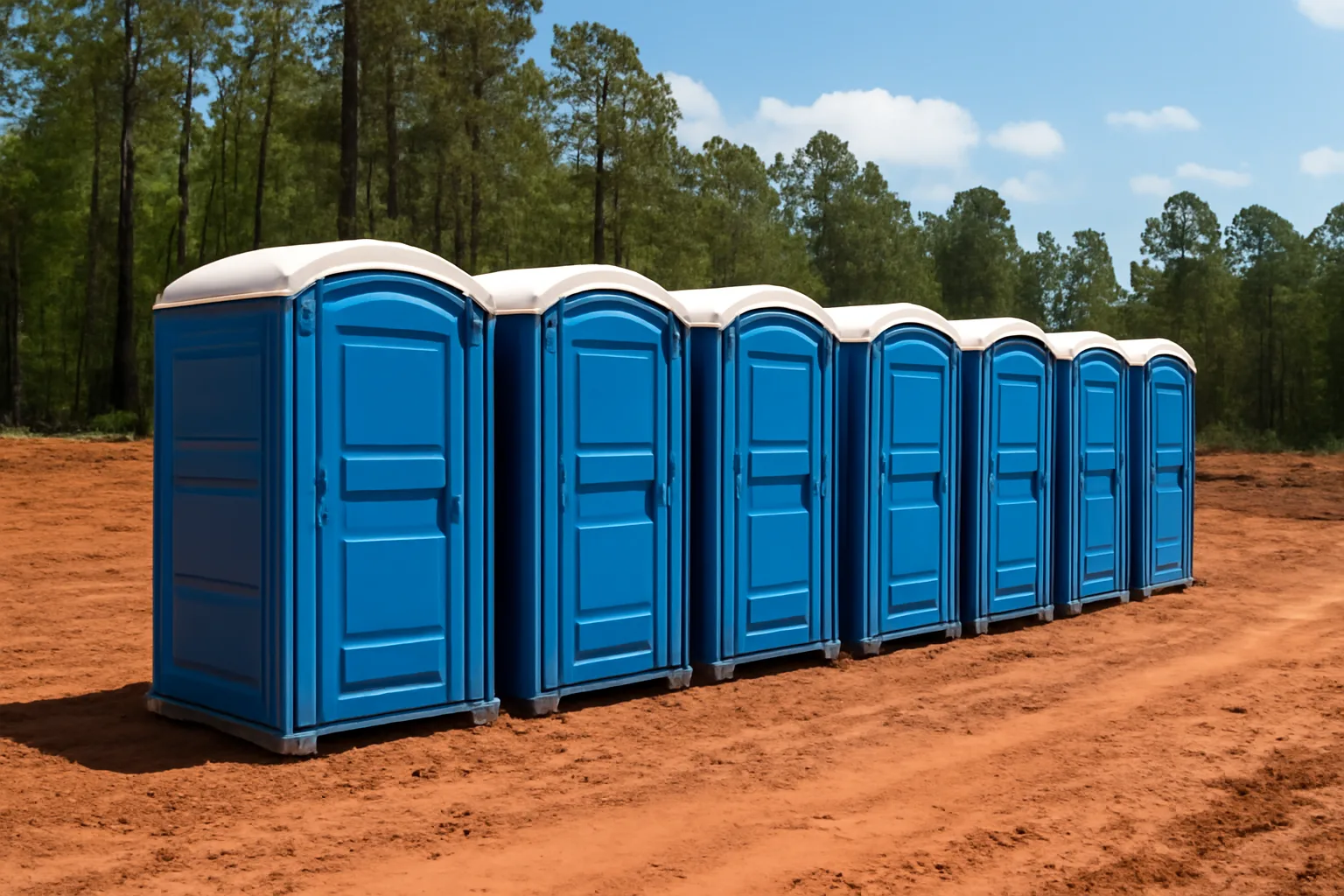 Row of blue porta potties at an Alabama construction site with pine trees behind