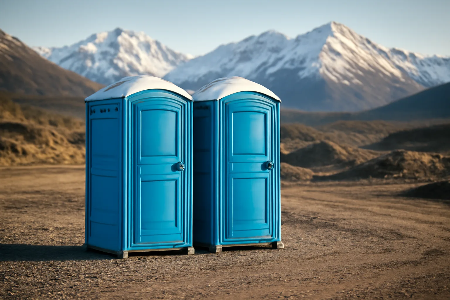 Blue portable toilets on gravel at a remote Alaska construction site with mountains behind