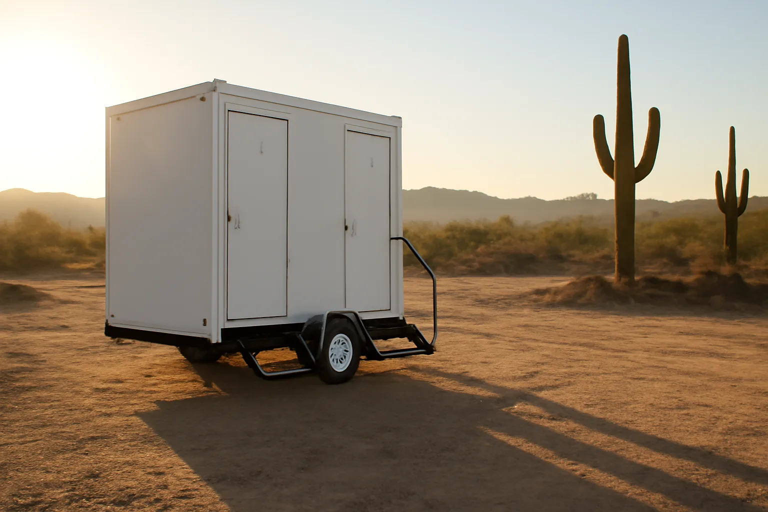 White portable restroom trailer on sun-baked Arizona construction site.