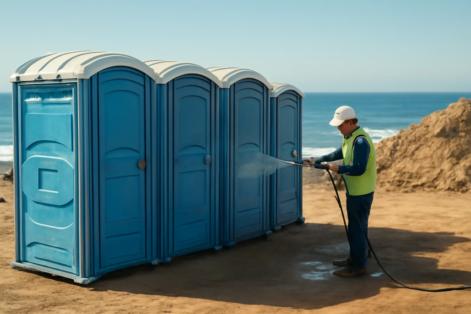 Blue porta potties at a construction site in California