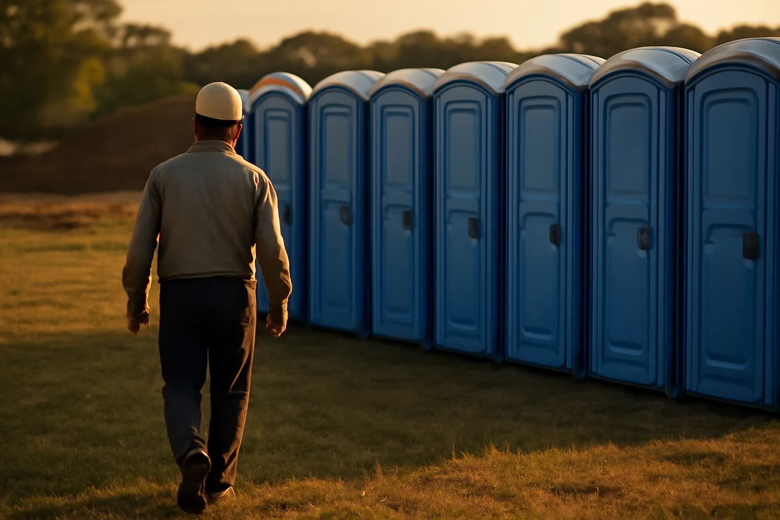 Blue portable restrooms at an Alabama construction site in afternoon sunlight