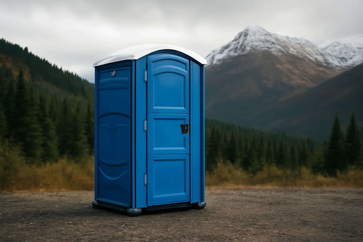 Blue portable restroom unit on a gravel pad near a forested Alaska mountain