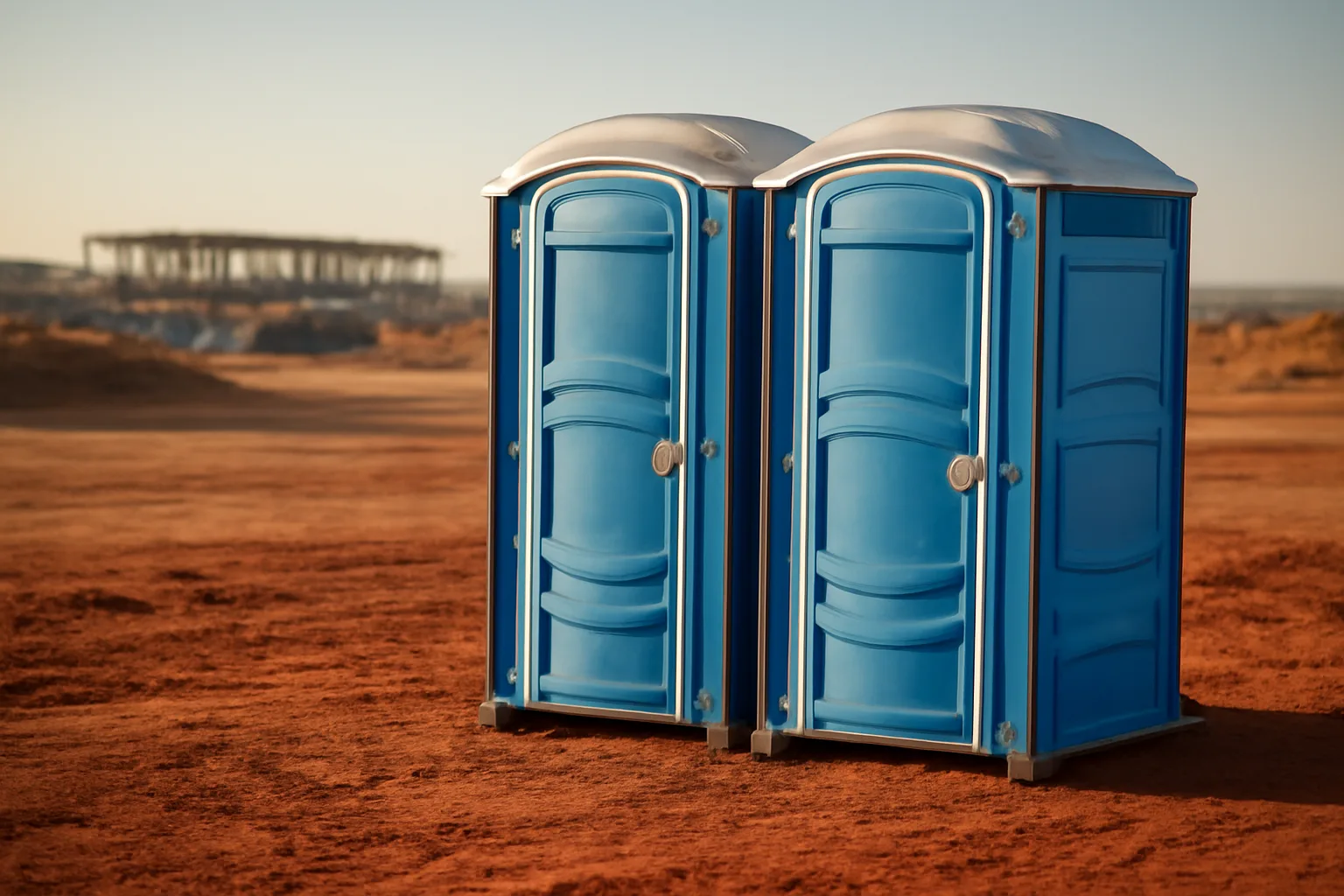 Two blue portable toilets on a sunny Arizona construction site