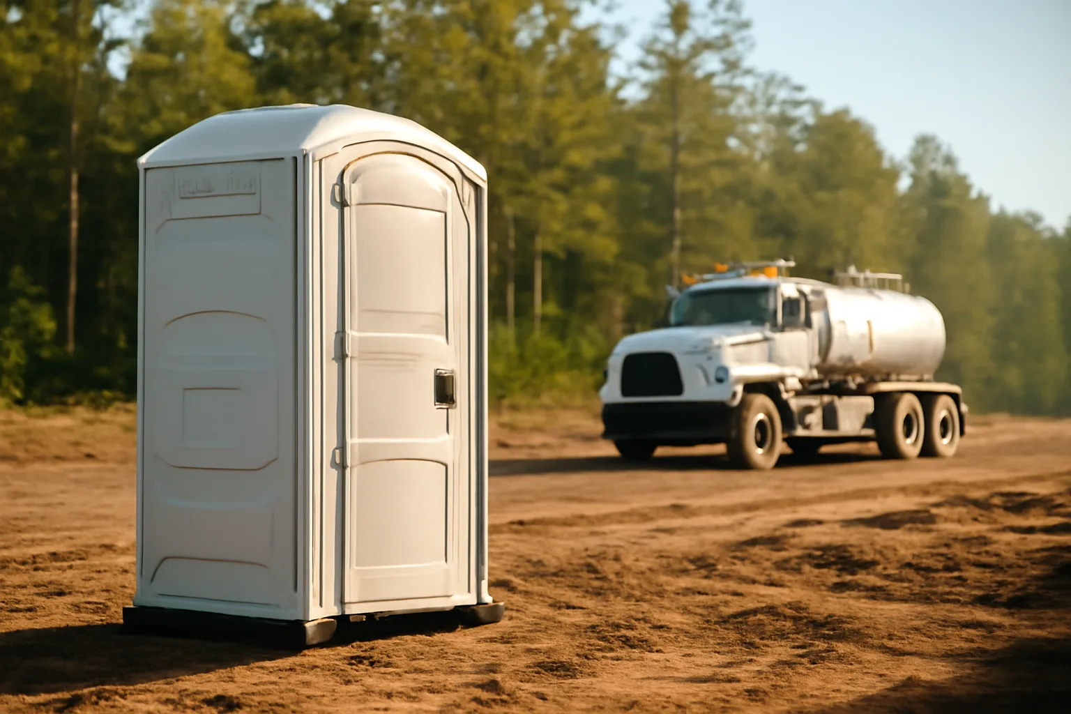 A portable toilet and vacuum truck on an Arkansas construction site