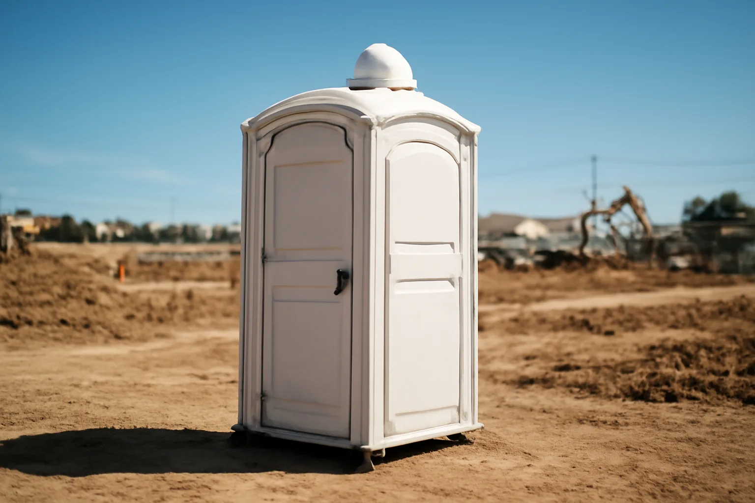 a standard porta potty on a California construction site under bright sun