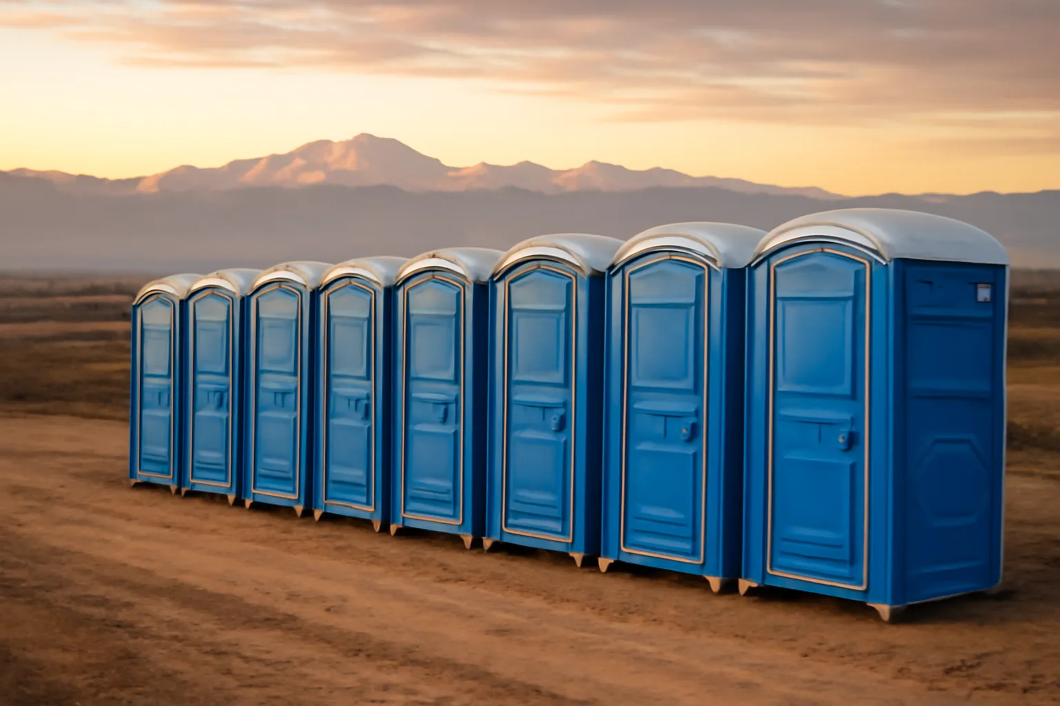 Row of blue porta potties on a Colorado construction site with mountains behind