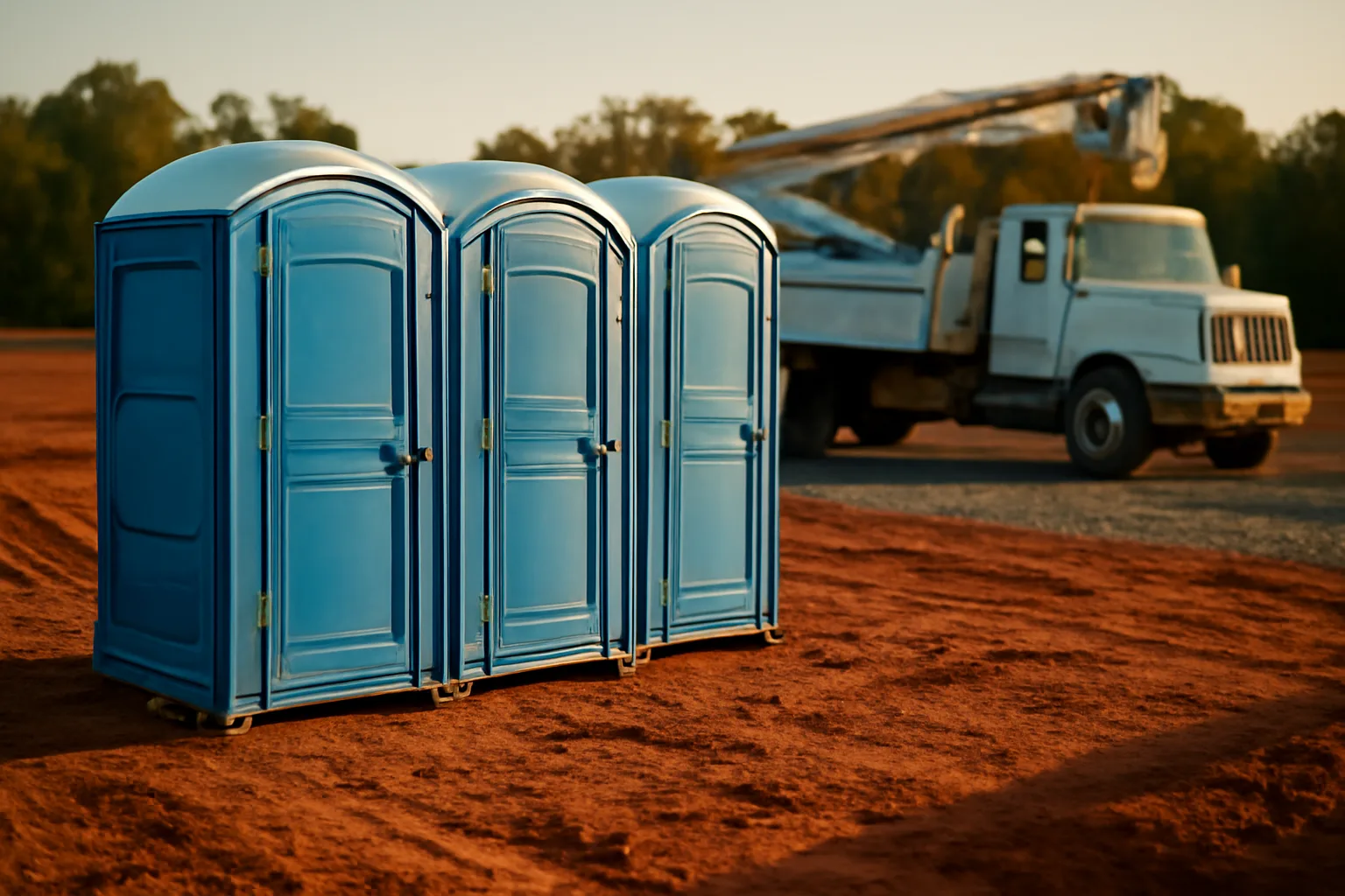 Three portable restrooms on an Alabama construction site at golden hour