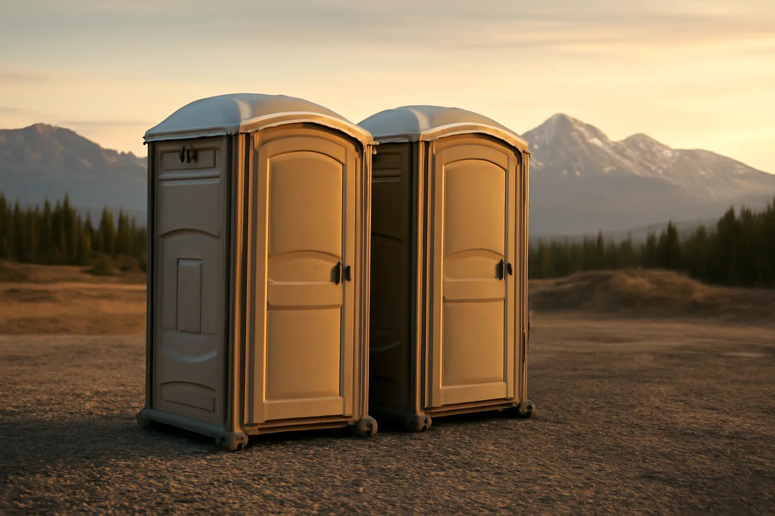 Portable restrooms on a gravel lot near Alaskan mountains at dawn